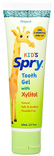 Spry Natural Kids Xylitol Tooth Gel, Original 60 ml (Pack of 1) | Fluoride Free Xylitol Toothpaste for Baby, Toddler and Kids Age 3 Months and Up, Support Development of Emerging Teeth