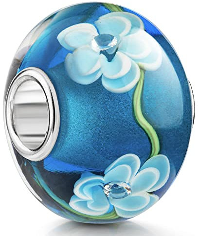 Materia XXL Glas Beads Charms Anhänger Silber 925 Blüten blau 1473