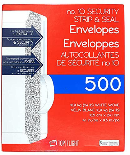 Top Flight PSTF10NWT #10 Envelopes, Strip & Seal, Security Tinted, White Paper, 24 lb, 500 Count