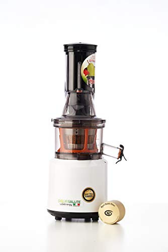 Siqur Salute Made in Italy LifeEnergy PRO Extracteur de Jus à Froid Extracteur de Jus Vivant Professionnel avec Technologie Gold Disc Basse Vitesse 60 rpm Moteur AC 240 Watt (Blanc)