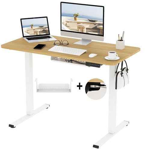 FlexiSpot E1 Plus ONE PIECE Electric Standing Desk Height Adjustable Sit Stand Desk with Memory Smart Panel(120 * 60cm, White Frame+Maple Desktop)