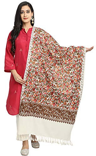 Zamour 6376 Damen-Schal mit indischer Blumenstickerei aus Kaschmir, Cremefarben, Large