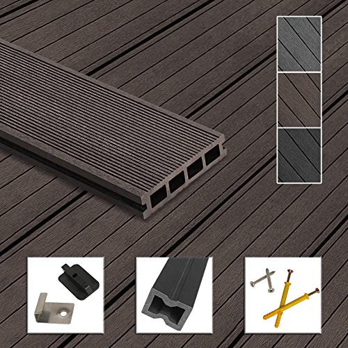 Montafox WPC Terrassendielen Dielen Komplettset Hohlkammerdiele Komplettbausatz Unterkonstruktion Clips, Größe (Fläche):22 m² 2.2m, Farbe:Dunkelbraun