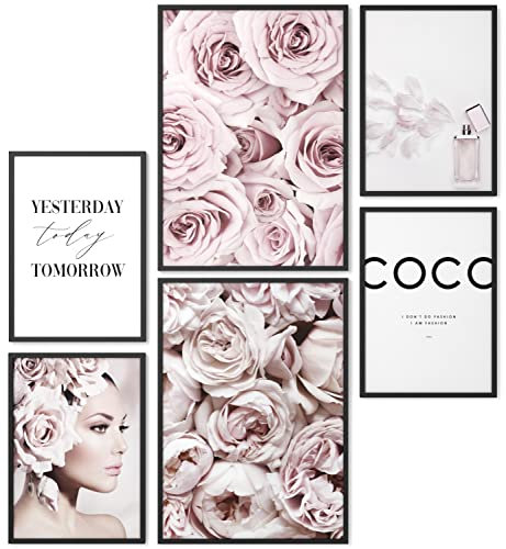 Papierschmiede® Mood Poster Set Coco Flowers, Fertiges Bilder Set mit Rahmen (Holz, schwarz), Wohnzimmer Deko Schlafzimmer, 2x DIN A3 und 4x DIN A4, Glamour Lifestyle Blumen rosa Parfum