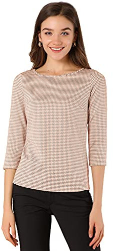 Allegra K Femme Travail Bureau Chemisier Manches 3/4 Col Bateau Impression Pied-De-Poule Rose M