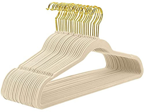 Kleiderbügel für Anzug/Kostüm, mit Samt Überzogen, Goldfarbener Drehhaken, rutschfeste Kleiderbügel Aus Samt - Stark, Platzsparende Kleiderbügel für Hemden, Jacken, Kleider,Beige,(20 Stück)
