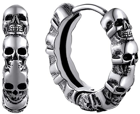 Boucle d Oreille Tete de Mort Acier Skull Creoles Viking Homme Crane Punk Boucles d'oreilles Gothique Garcon Hip Hop Clou Oreille Femme Ado Jeune Bijoux Cadeau Copain