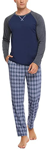 Litherday Pyjama Homme Coton Ensemble de Pyjama à Carreaux Vêtements De Nuit Automne et Hiver à Manches Longues Haut et Pantalon Carreaux,A Bleu Marine,XXL
