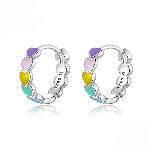 Love Heart Small Hoop Earring for Women Girl 925 Sterling Silver Rainbow Colorful Enamel Cartilage Earring Round Huggie Hoops 12mm Eternity Forever Fashion Jewelry Gifts Valentine's Day Hypoallergenic