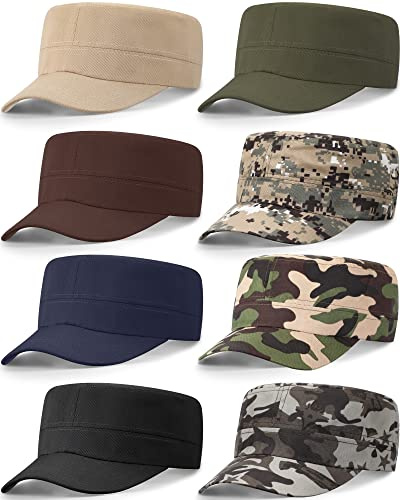 Foaincore 8 Stück Kadett Armee Kappen Verstellbare Flache Kappen Unisex Kadett Hut Military Style Hut für Herren, Wie abgebildet., Einheitsgröße/L