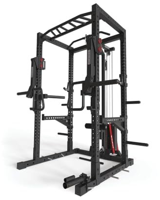 Atletica R7-Stryker Power Rack | 90kg oder 120kg. Latzug-/Ruderstation, Jammer und Spotter Arme, Dip-Station, J-Hooks, Landmine, Weight Pins, Band Pegs Größe 220cm Höhe
