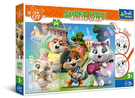 Trefl Primo - 44 Cats, Fröhliche Katzen - 3in1: Puzzle 24 große Teile, Ausmalbuch, Spiel mit Ausmal-Elementen, Ausmalpuzzle mit Märchenfiguren 44 Katzen, Spaß für Kinder ab 3 Jahren