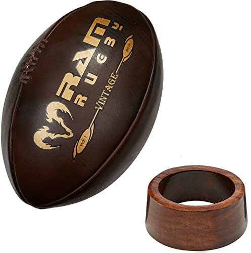Vintage Rugbyball - Rugby top Marke - mit Präsentation-ständer aus Holz - Poliert Holz - Echt Leder - Made in Indien - polierter Holzständer mit goldener Beschriftung, wie er früher einmal war