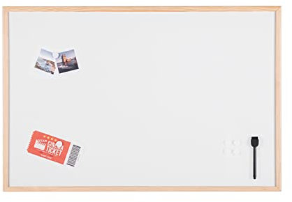 Bi-Joy Tableau Blanc Magnétique, Surface en acier laqué, avec cadre en bois, marqueur et aimants inclus (90 x 60 cm)