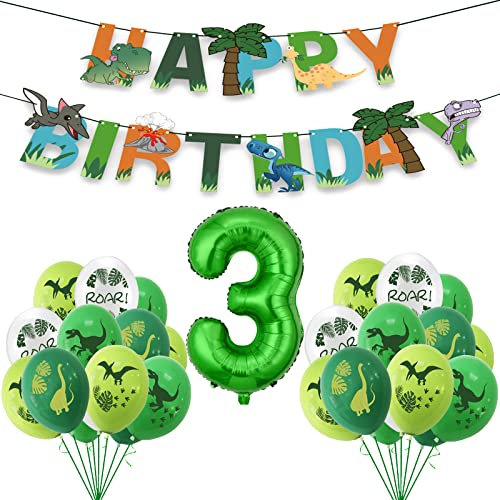 Dino Luftballon Geburtstag 3 Jahr Jungen,dino deko kindergeburtstag,Riesen Grün Folienballon 3,Happy birthday dinosaurier Girlande für Geburtstag Party Deko Dschungel Thema Party Dekoration (3)