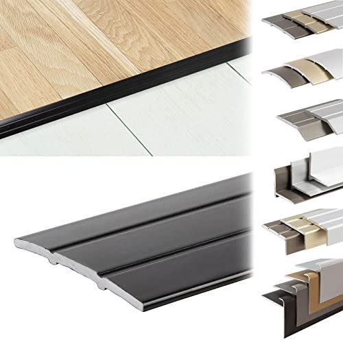 KARAT Perfiles de borde de escalón autoadhesivos o pretaladrados con material de montaje, perfiles angulares (perfil de transición, negro, 1000 x 38 x 2,5 mm, autoadhesivos)