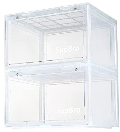 SupBro Sammelkiste – leicht zugängliche Aufbewahrungsbox für Schuhe, Kunststoff, faltbar, stapelbar, Sneaker, Display-Aufbewahrung mit reflektierendem Logo, offene Tür, 2 Stück (transparent)