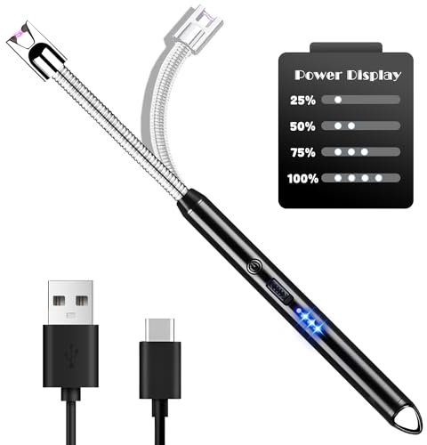 LiRiQi Lichtbogen Feuerzeug Elektrisch, Stabfeuerzeug mit längerer Hals, USB Aufladbar Elektro LED-Display Plasma Kerzenanzünder für Küche, Kerzen, Kerzen, Gasherde, Grill, Camping, Schwarz