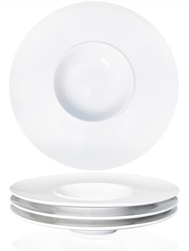 Jinsongdafa Lot de 4 Bols à Soupe, Assiettes Creuses et à Pâtes 260 ml - Assiettes Plates Blanches en Porcelaine Avec Bord (27,8 cm) - Meilleur Cadeau