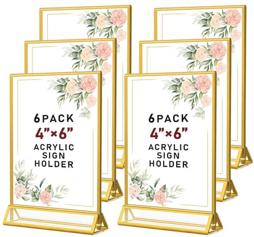 SAREAL 6er-Pack Gold-Bilderrahmen Doppelseitig, 10X15 cm klar Staffelei Tabelle steht für Zeichen, Acryl Gold Tischnummer Halter, Goldrahmen für Hochzeit Tischnummern, Menü-Halter, Gold Fotorahmen