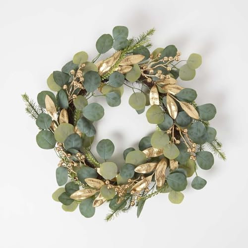 Homescapes Eukalyptus-Kranz 56 cm grün, künstlicher Türkranz mit goldenen Beeren und Blättern, eleganter Tischkranz