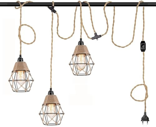 Hängelampe Pendelleuchte 3-Flammig mit Stecker Schalter Lampenfassung E27 Vintage Plug in Hängeleuchte Küche Pavillon Textilkabel Käfige Lampenschirm Küchenlampe Pflanzenlampe 840cm Hanfseil Kabel