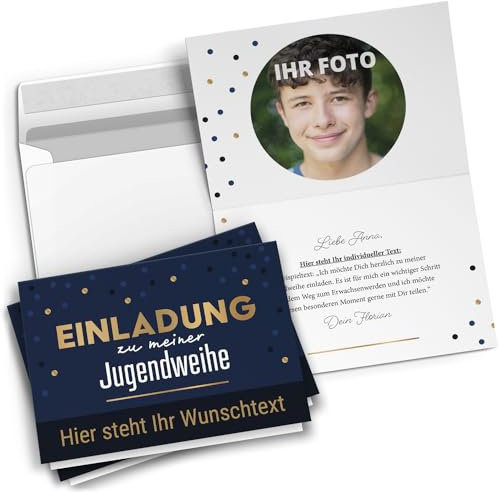 10 personalisierte Jugendweihe Einladungskarten mit eigenem Text und Foto - Blau Gold Look Jungen Jungs - Einladungen mit Umschlägen