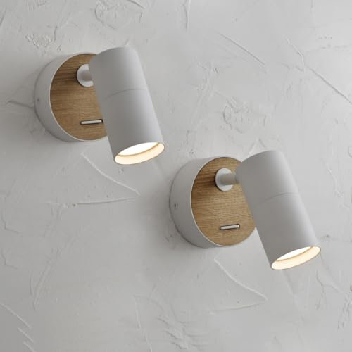 ouglres Wandlampe mit Schalter Weiß,2 Pack Holz Wandleuchte Vintage Wandspot aus Aluminium Lampenschirm Drehbar,Industrie Wandleuchte Innen Kompakt Bett Schlafzimmer,Flur,Schreibtisch,Wohnzimmer,Gu10