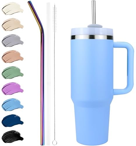 Disoza Thermobecher 40 oz Trinkbecher mit Deckel und Strohhalm 1.2 L Hellblau Trinkflasche mit Strohhalm Wasserflasche mit Henkel Edelstahl Tumbler Cup Kaffeebecher To Go Coffee Becher mit Strohhalm