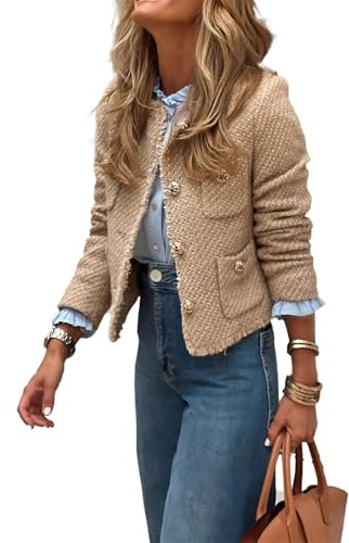 hathne tweed blazers damjackor casual långärmad knapp ner beskuren jacka kappa toppar med fickor, Khaki, M