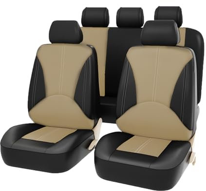 JNNJ 9 Stück Autositzbezüge Set Leder, Auto Schonbezug Autositz für Vordersitze und Rücksitze Auto Zubehör Innenraum, Autoinnenausstattung Schwarzer für Auto Autositzbezug Komplettset(Beige Schwarz)