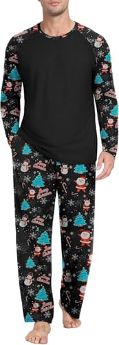 PrinStory Mens Pyjamas Set Christmas Long Sleeve T Shirt And Longue Pants With Pockets Soft Xmas Men's Nightwear Crew Neck Sleepwear Pjs Sets (Black Santa, XL)