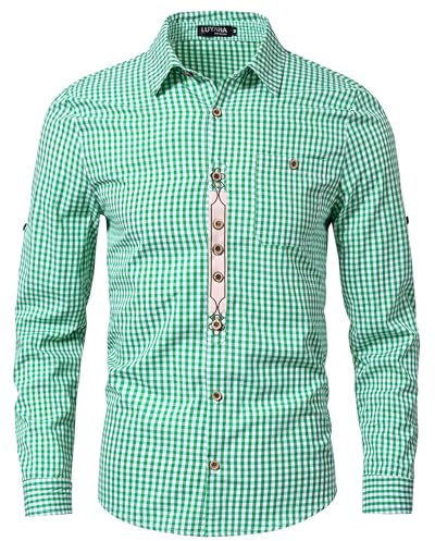 LUYANA Langarm Trachtenhemd mit Tasche Herren Oktoberfest Hemd Kariertes Freizeithemd Karohemd Grün L