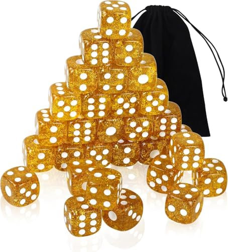 QUTHZZHY Würfel Gold Set, 16mm Acryl Würfel in Glitter Gold, 30 Stück Transparente Würfel, 6-Seitiges Bunt Würfel Set, D6 Standard Würfel mit Taschen für Spiel, Party, Mathe