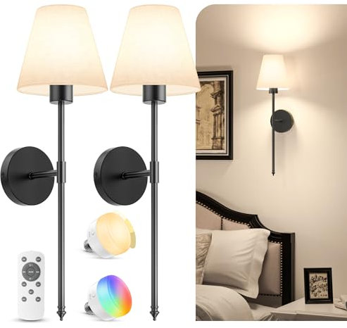 VOLISUN 5200mAh Battery Operated Wireless Wall Lights Set of 2, 60CM Rechargeable Wall Lights with Dimmable Detachable Bulbs and Remote, 12-Color Wall Sconce Lighs for Bedroom Living Room(Black)