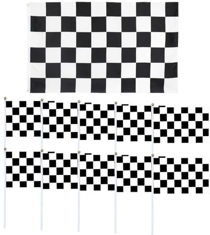 UDNFHL 1 Drapeau De Course en Réseau Noir Et Blanc Et 10 Drapeaux À Main, Décorations De Fête De Course, Drapeaux D'Arbitres, Arrangement De Scène De Fête.