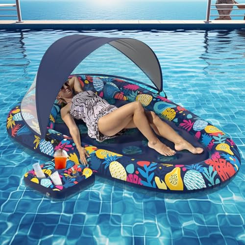 Bouee Piscine Adulte,Matelas Gonflable Piscine,Flottant Hamac Gonflable,avec Auvent,Porte-Boissons,Hamac Gonflable Piscine,Matelas Piscine Gonflable,pour Plage,Partie,Vacances