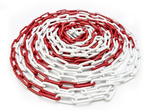 Absperrkette Rot Weiß Metall 10M, 5mm Stahlkette mit Verbindungsschnalle | Warnkette aus Stahl in Verschiedenen Längen | Ideal für Parkplätze, Baustellen, Straßen und Veranstaltungen