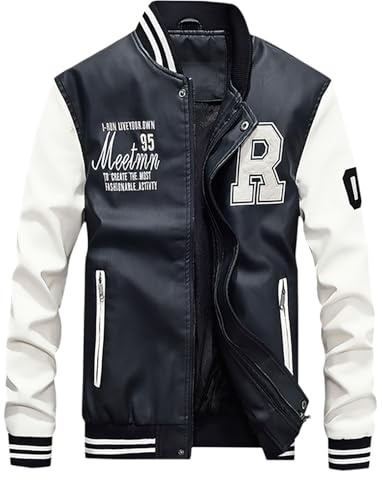 Generisch College Jacke Herren Lederärmel Kunstleder Bomberjacke Winter Football Baseball Jacken Oldschool Lederjacke Warm Zweifarbig Baseballjacke Stehkragen Sportjacke Unisex Sweatjacke