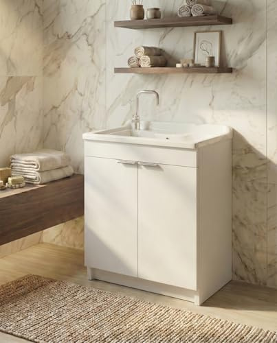 Delmar Mobile Lavatoio in Legno Nobilitato, Bianco, 75x60 cm Altezza 85 cm, Con Sportello Push e Lavabo Pila Pilozzo in Resina, Made in Italy, Già Montato per Bagno e Lavanderia