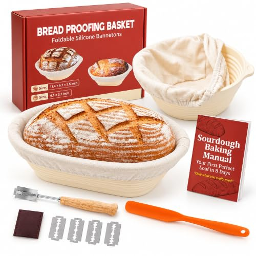 Set 2 banetones para pan de silicona, ovalado 29 cm y redondo 24 cm | Cesta para pan y banneton, kit para masa madre con cuchillo + 5 cuchillas, rasqueta, fundas de lino lavables y guía de 8 días