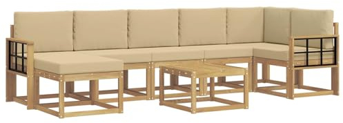 vidaXL Outdoor-Sofagarnitur mit Kissen 8 pcs Weiß und Beige Polyester, Modernes Garten-Sofa-Set, Flexible Sitzgelegenheiten, Akazienholz, Lounge für Poolbereich, schnell zusammengebaut