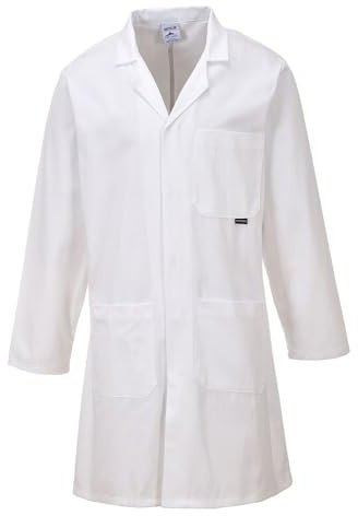 Portwest C851 Standard Cotton Coat Concealed Stud Front One Chest Pocket | White, Small, UPF 50+, Durable, Two Lower Patch Pockets, Mandarin Collar, Pull-On Design, Long Sleeve, Workwear