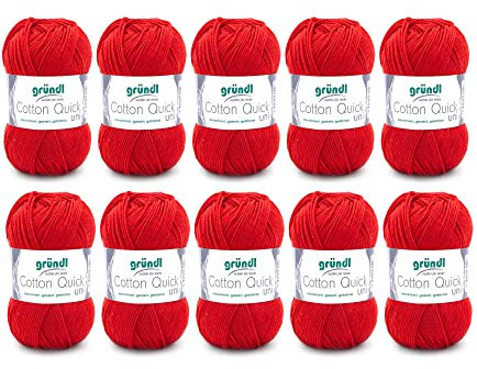 Gründl Wolle Cotton Quick uni - dünne Wolle zum Häkeln - Strickgarn - Häkelgarn - Glänzend und hautfreundlich - 100 % Baumwolle - 10 Knäuel 50 g / 125 m - Nadelstärke 3- 4 - Kirsche