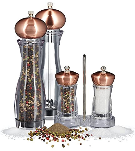 Relaxdays 5X Set Macina Pepe & Sale, Pepiera & Saliera con Supporto, Macinapepe Design Ramato, Manuale, HBT 26,5 x 6,5 x 6,5, Rame