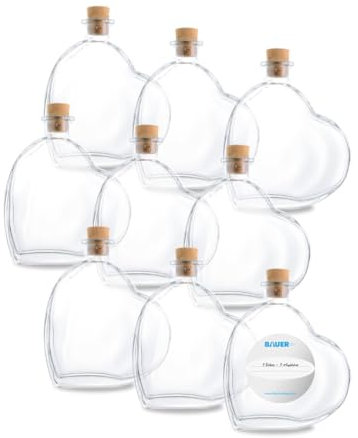 Flaschenbauer - 9 x Herz Flasche Passion: Glasflasche Herz 200 ml - 9 Mini Glasflaschen mit Korken verwendbar als Geschenkidee, kleine Glasflaschen 200ml, Schnapsflaschen klein - Inklusive Etikett