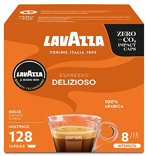 LAVAZZA - A Modo Mio Espresso Delizioso, 128 Capsules de Café, pour un Espresso aux Notes Aromatiques de Fleurs, 100% Arabica, Intensité 8/13, Torréfaction Moyenne, 8 Paquets de 16 Capsules