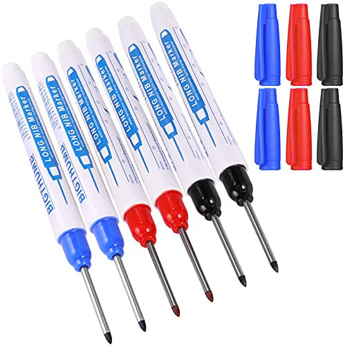 UNOLIGA Marcador Agujeros Profundos, Marcador Carpintero, Rotulador Punta Extra Larga 30mm, 6pcs Marcador Orificios para Madera Taladro Metalico Azulejos Pared (Azul Negro Rojo 2023)