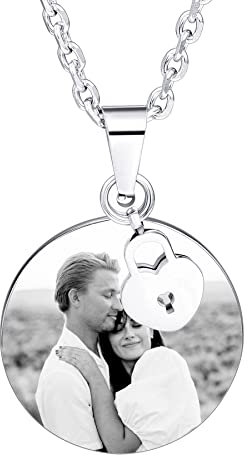 MeMeDIY Personalized Necklace for Men Women, Engraved Text/Photo Necklace with Lock/Key Charms, Stainless Steel Necklace for Couples, Customizable Gifts for Boyfriend Girlfriend(Round + Lock)