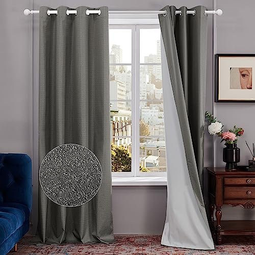 Deconovo 100% Blickdichte Vorhänge Gardinen Kinderzimmer Ösenvorhang Leinenoptik Vollverdunkelungsgardinen, 214x132 cm(HöhexBreite), Grau, 2er Set